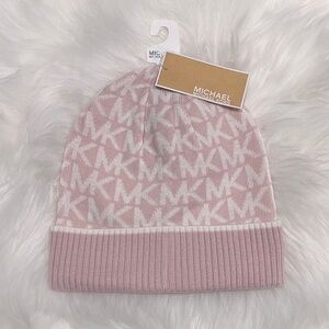 NEW Michael Kors Pink White MK Logo Monogram Ribbed Knit Beanie Winter Hat